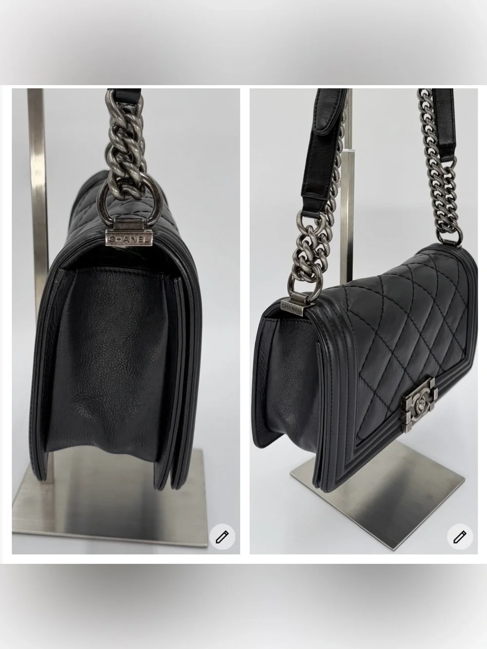 CHANEL Medium Boy Bag Black Quilted Leather with Aged Silver Hardware w/Dust Bag